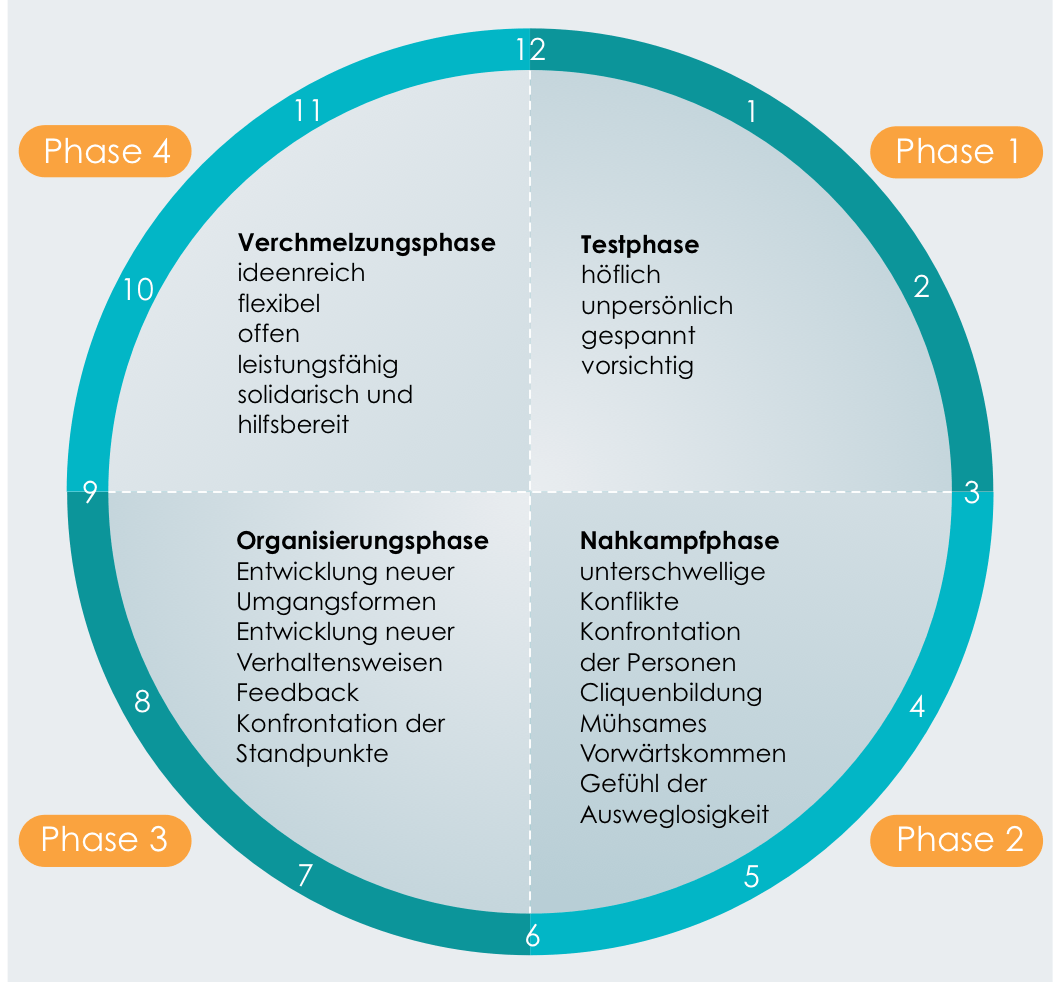 4-Phasen-Modell der Teamentwicklung: Testphase, Nahkampf-, Organisierungs- und Verschmelzungsphase