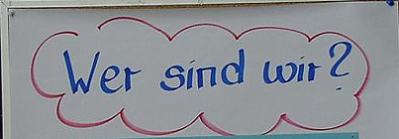 Leitbildentwicklung Handgemaltes Flipchart-Schild mit der Frage Wer sind wir in einer Wolke