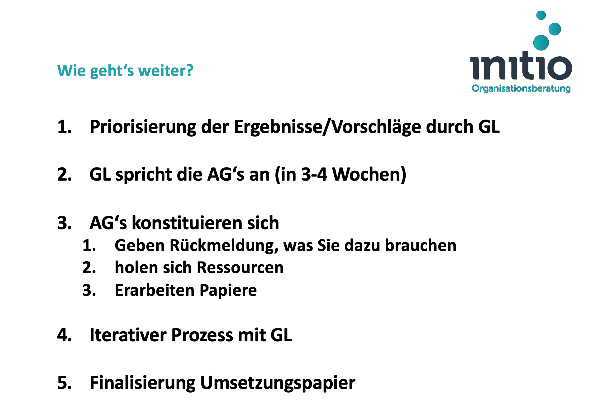 Folie mit 5-Schritte-Umsetzungsplan: Priorisierung, GL spricht AGs an, Konstituierung, iterativer Prozess, Umsetzungspapier