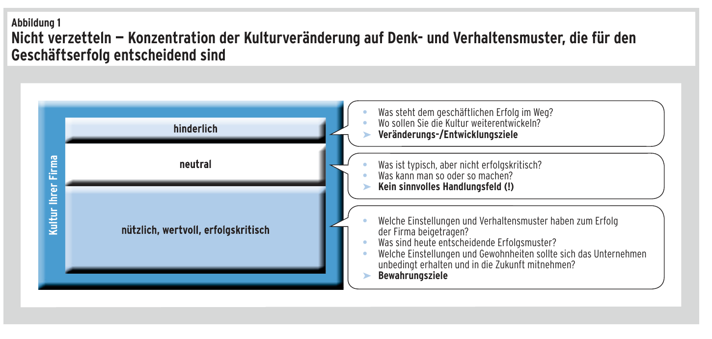 Abbildung 1: Nicht verzetteln — Konzentration der Kulturveränderung auf Denk- und Verhaltensmuster, die für den Geschäftserfolg entscheidend sind